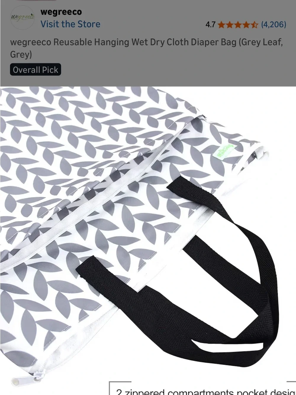 2 Pack Reusable Hanging Wet/Dry Cloth Diaper Bag Grey & Grey Leaf